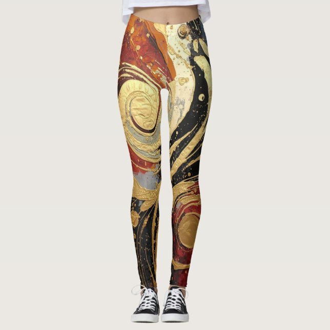 Fun Black and Gold Oil Paint Splash print Leggings (Framsida)