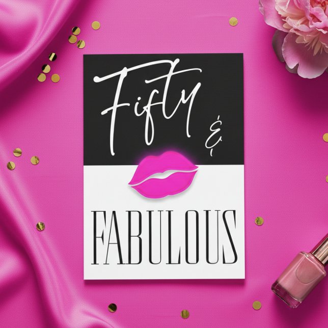 Fun Black White Fifty Fabulous Pink Lips Birthday Inbjudningar (Skapare uppladdad)