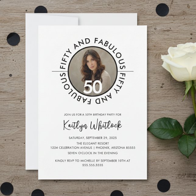 Fun Bold Minimal Fifty and Fabulous 50th Birthday Inbjudningar (modern fifty and fabulous 50th birthday party invitation with bold typography and elegant script)