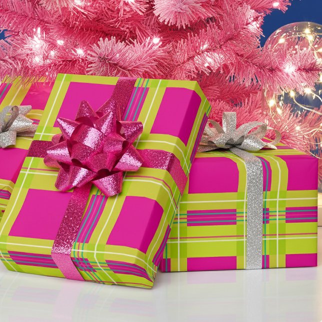 Fun Bright Tartan Plaid Hot Pink Christmas Presentpapper (Unique bright colorful hot pink and green Christmas wrapping paper. Tartan with a twist! )