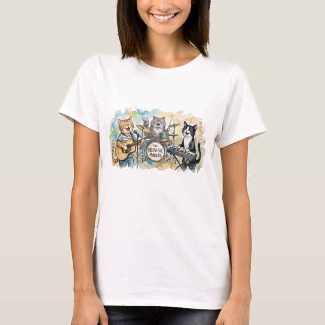 Fun Cat Band Music Piano Drums Keyboard T Shirt (Framsida)