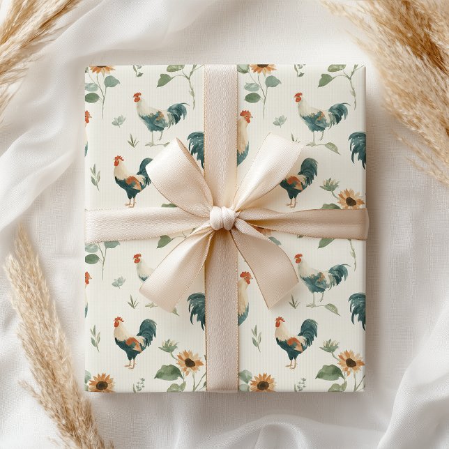 Fun Chicken Rooster Sunflower Presentpapper (Skapare uppladdad)
