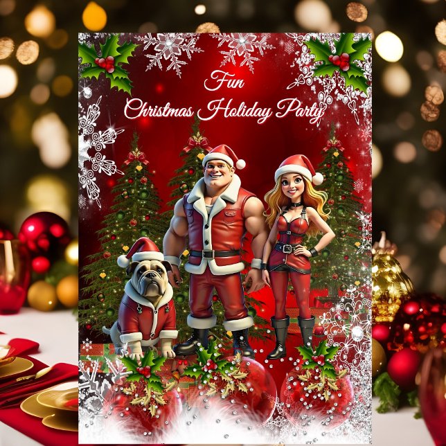 Fun Christmas Holiday Party Red Couple Dog Inbjudningar (Skapare uppladdad)