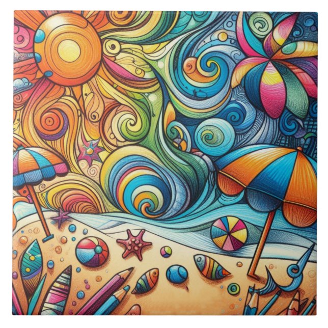 FUN COLORFUL SWIRLS BEACH SCENE KAKELPLATTA (Framsidan)