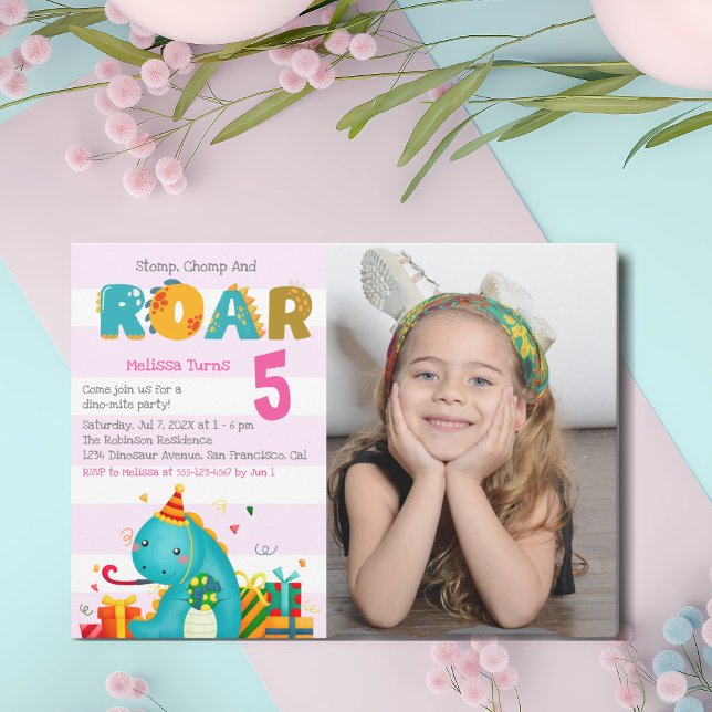 Fun Dinosaur Stomp Chomp and roar Birthday Girl Inbjudningar (Skapare uppladdad)