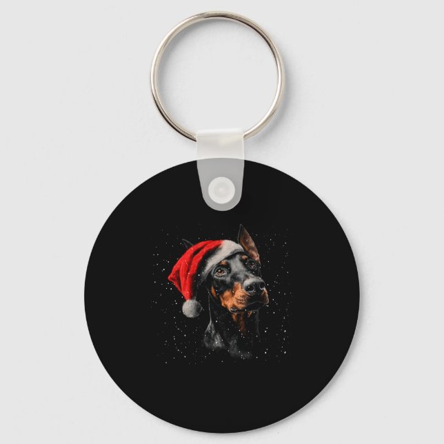 Fun Doberman Dog Christmas Lights Santa Hat Long S Nyckelring (Framsida)