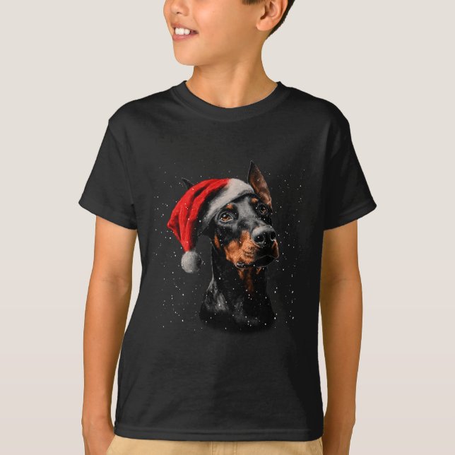 Fun Doberman Dog Christmas Lights Santa Hat Long S T Shirt (Framsida)