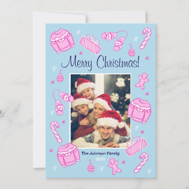 Fun & Festive Blue Doodle Holiday Card Julkort (Framsida)