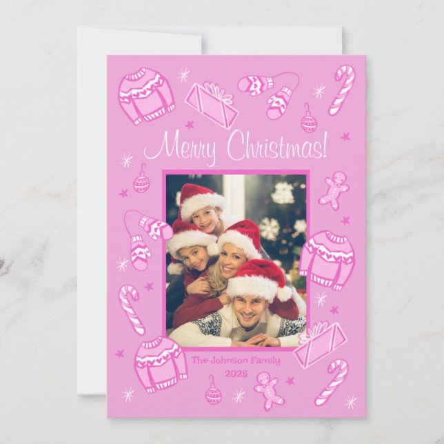 Fun & Festive Pink Doodle Holiday Card Julkort (Framsida)