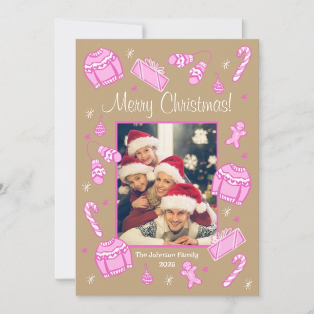 Fun & Festive Pink Doodle Holiday Card Julkort (Framsida)