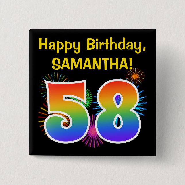 Fun Fireworks + Rainbow Pattern "58" Birthday # Knapp (Framsida)