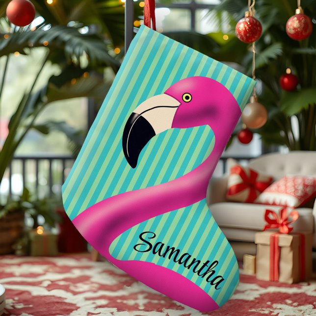 Fun Flamingo Hot Pink Aqua Stripes Modern Tropical Stor Julstrumpa (Vibrant personalized flamingo stocking with hot pink and aqua stripes for a tropical holiday.)