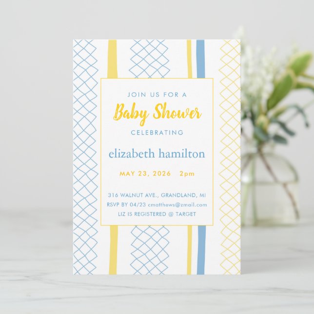 Fun Geometric Yellow & Blue Baby Shower Invitation Inbjudningar (Stående Fram)