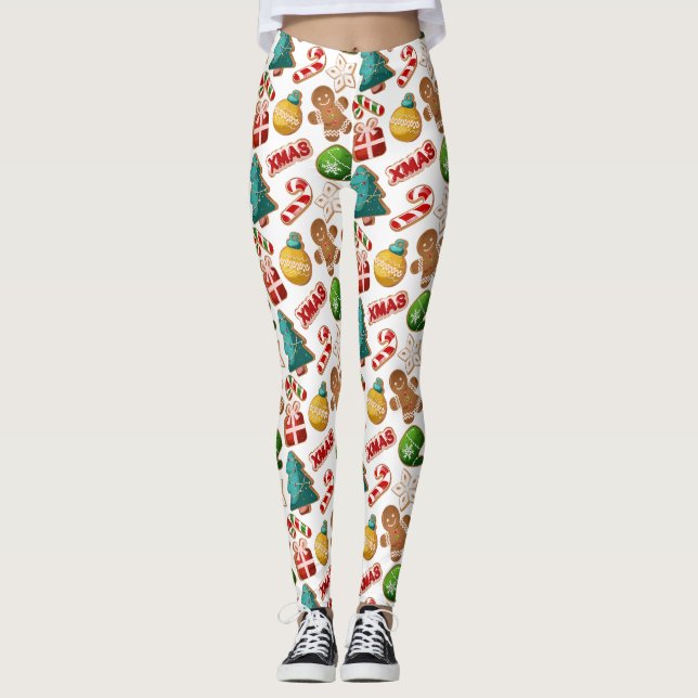 Fun Gingerbread Cookies Christmas Pattern Leggings (Framsida)