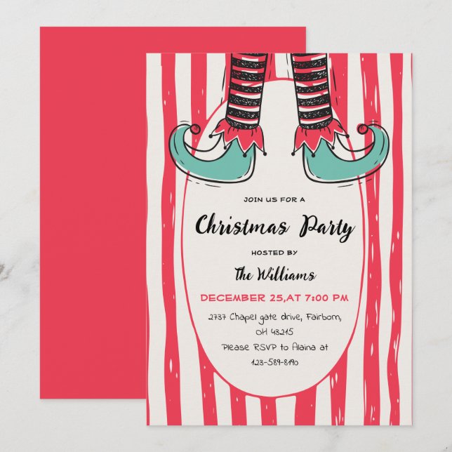 Fun Hand Drawn Elf Sock Christmas Party Inbjudningar (Fram/baksida)