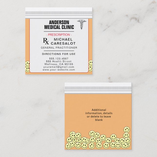 Fun Memorable Prescription Medical  Business Card Fyrkantigt Visitkort (Fram/baksida)