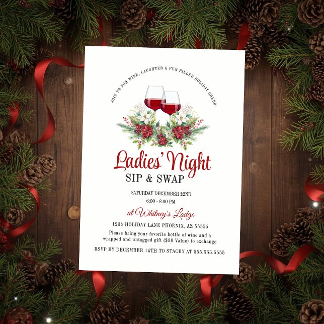 Fun Modern Christmas Sip & Swap Cocktail Party Inbjudningar (Elegant and festive ladies' night sip and swap gift exchange invitation for wine cocktail event)