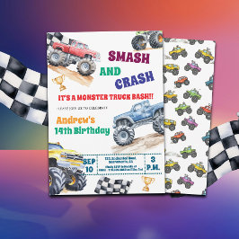 Fun Monster Trucks 14th Birthday Party Invitation Inbjudningar