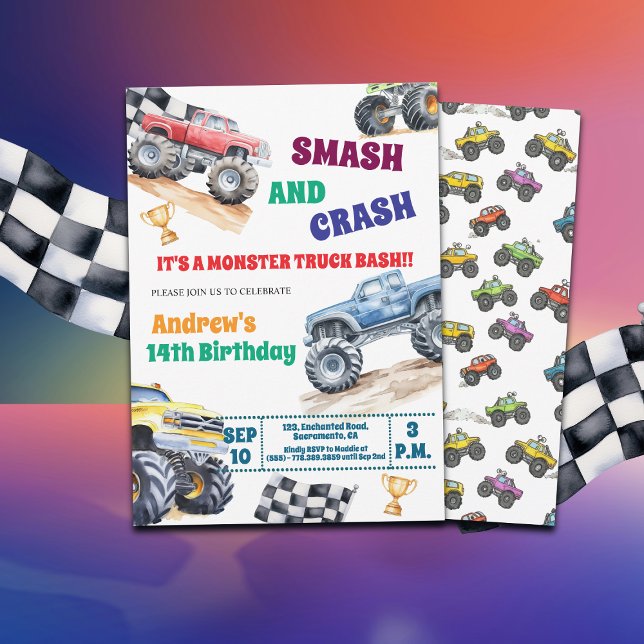 Fun Monster Trucks 14th Birthday Party Invitation Inbjudningar (Skapare uppladdad)