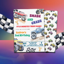 Fun Monster Trucks 2nd Birthday Party Invitation Inbjudningar