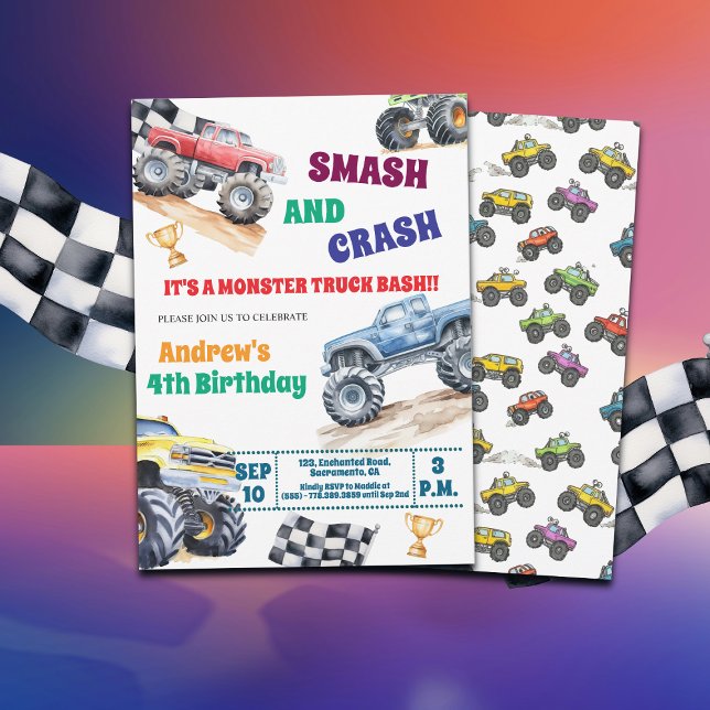 Fun Monster Trucks 4th Birthday Party Invitation Inbjudningar (Skapare uppladdad)