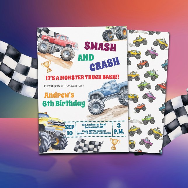 Fun Monster Trucks 6th Birthday Party Invitation Inbjudningar (Skapare uppladdad)