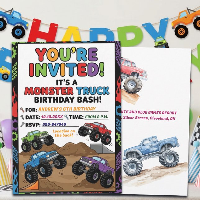 Fun Monster Trucks 6th Birthday Party Invitation Inbjudningar (Skapare uppladdad)