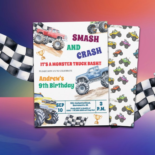 Fun Monster Trucks 9th Birthday Party Invitation Inbjudningar (Skapare uppladdad)