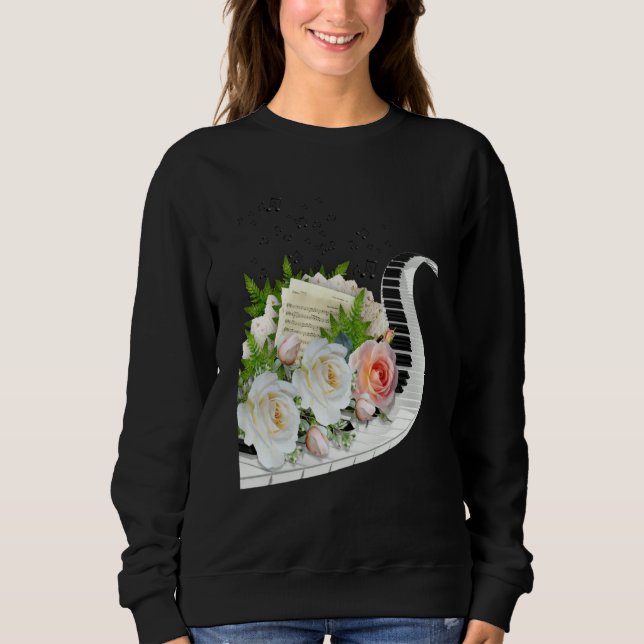 FUN MUSIC ROSE PIANO MUSIC NOTES & FLOWERS CLUSTER T SHIRT (Framsida)