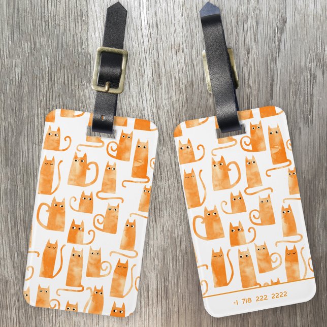 Fun Orange Cat Watercolor Bagagebricka (Fun Orange Ginger Cat watercolor personalized contact phone number luggage tag for animal lovers)