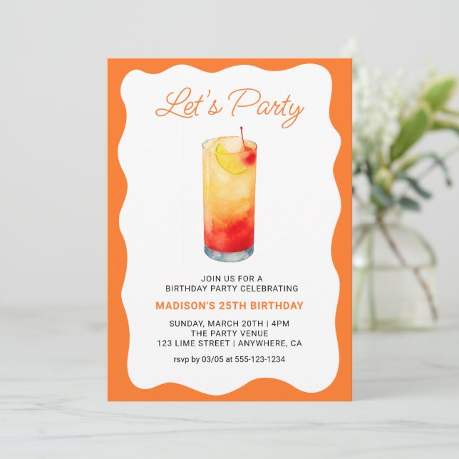 Fun Orange Chic Wavy Summer Cocktail Birthday Inbjudningar (Stående Fram)