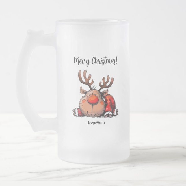 Fun Personalized Reindeer Merry Christmas Frostat Ölglas (Vänster)