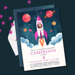 Fun Pink Rocket Astronaut Girl Space Mission Photo Inbjudningar