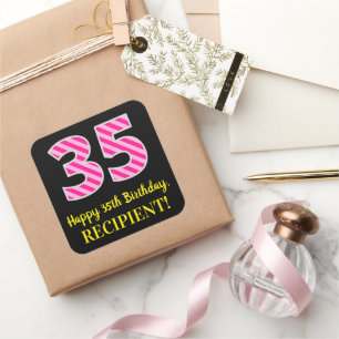 Fun Pink Stripes “35”: Happy 35th Birthday + Name Fyrkantigt Klistermärke