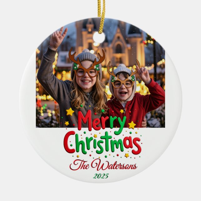 Fun Retro Script Merry Christmas Letterpress Photo Julgransprydnad Keramik (Framsidan)