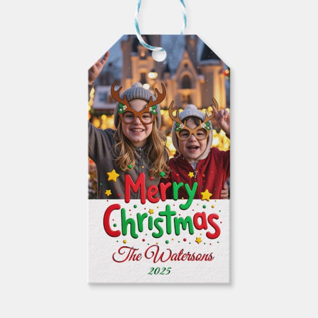 Fun Retro Script Merry Christmas Letterpress Photo Presentetikett (Framsidan)