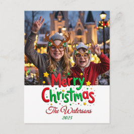 Fun Retro Script Merry Christmas Letterpress Photo Vykort