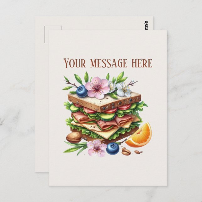 Fun sandwich shop add message business name vykort (Fram/baksida)