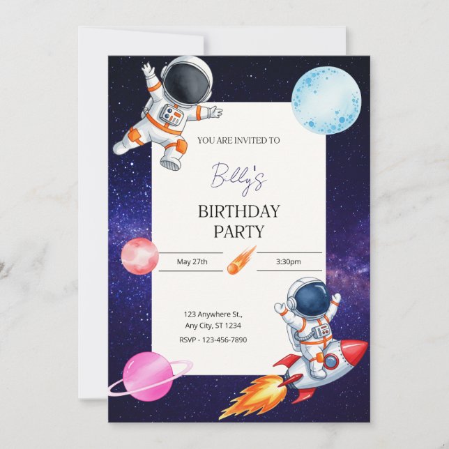 Fun Spaceman & Rocket Child's birthday invitation Inbjudningar (Framsida)