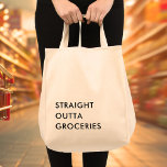 Fun STRAIGHT OUTTA GROCERIES Minimalist Modern Tygkasse<br><div class="desc">The "STRAIGHT OUTTA GROCERIES" tote bag features a minimalist, modern design that incorporates a playful, funny typography quote. The quote, "STRAIGHT OUTTA GROCERIES" is printed in bold, contrasting letters on the front of the bag and the simple, clean lines of the lettering give it a modern, sophisticated edge. The absence...</div>