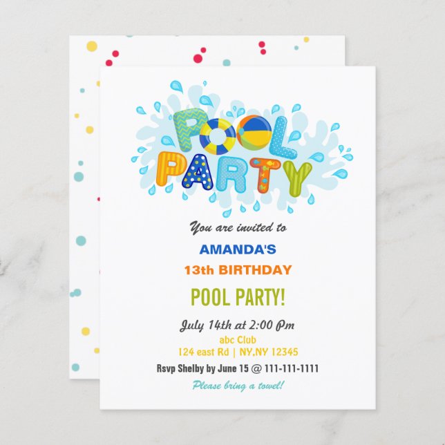 Fun Summer Swimming Pool Party Birthday  (Fram/baksida)