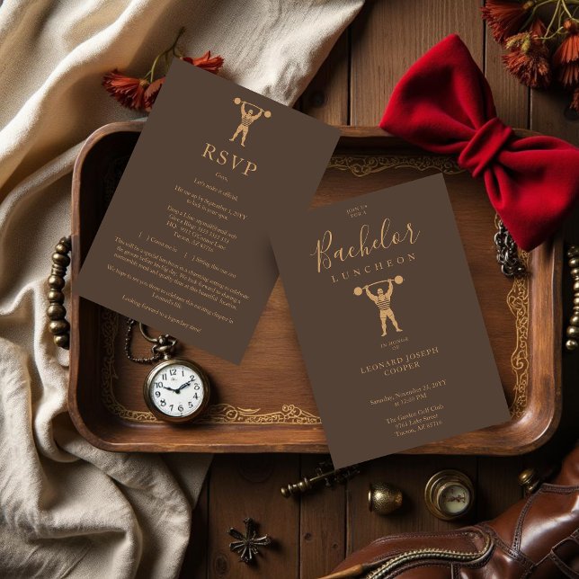 Fun Vintage Circus Strongman Brown Groomsman Inbjudningar (Fun Vintage Circus Strongman Brown Groomsman Wedding Bachelor Invitation Cards.)