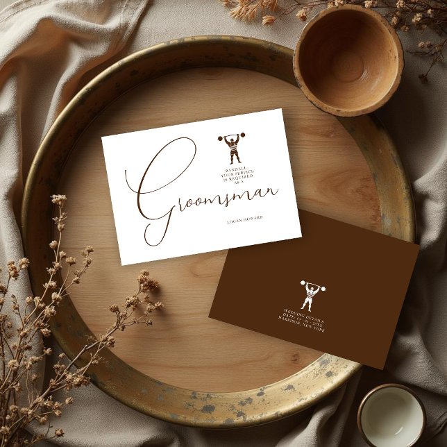 Fun Vintage Strongman Brown Groomsman Wedding  Inbjudningar (Fun Vintage Strongman Brown Groomsman Wedding Simple Proposal Card. )