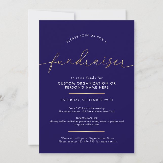 Fundraiser Minimalist Script Navy & Guld Välgörenh Inbjudningar (Framsida)