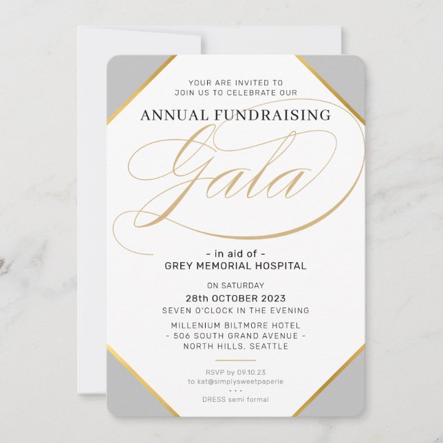 FUNDRAISERA GALA elegant event grått silver guld Inbjudningar (Framsida)