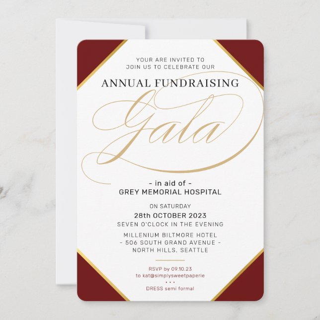 FUNDRAISERA GALA elegant event maroon red guld Inbjudningar (Framsida)