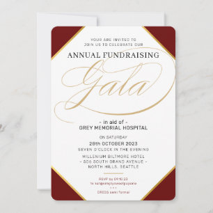FUNDRAISERA GALA elegant event maroon red guld Inbjudningar