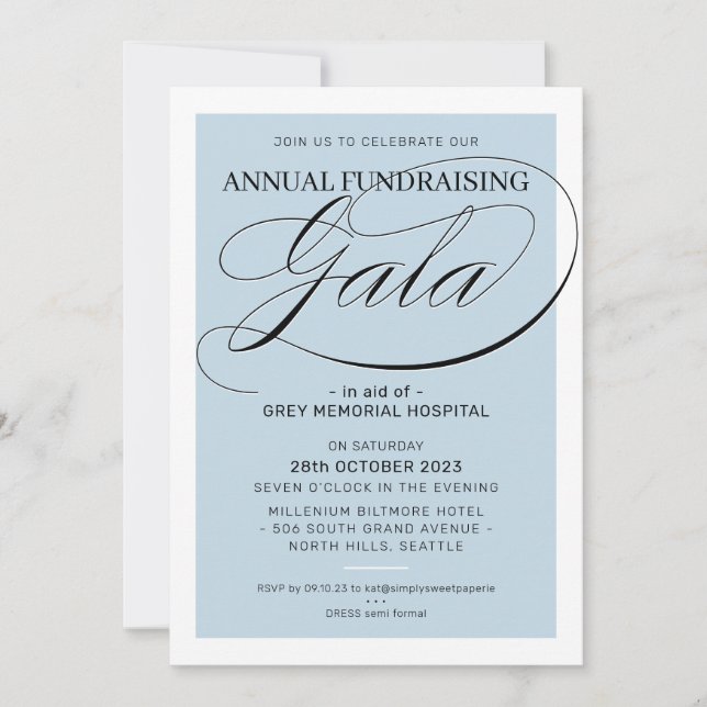FUNDRAISERA GALA event finare elegant blek blue Inbjudningar (Framsida)