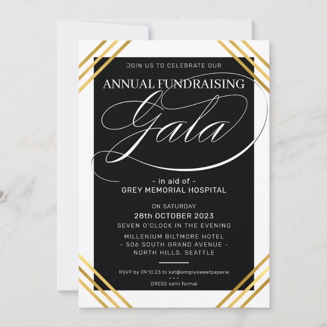 FUNDRAISERA GALAhändelsen finare guld ram svart Inbjudningar (Framsida)