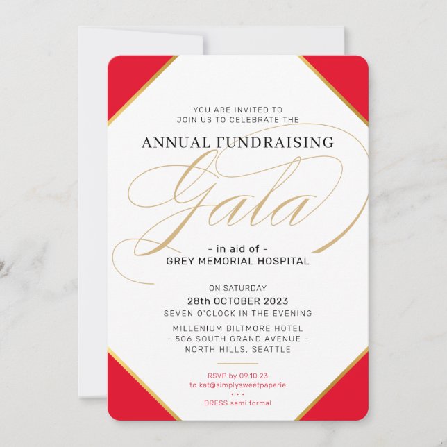 FUNDRAISERING GALA elegant BOLL  regal röd guld Inbjudningar (Framsida)